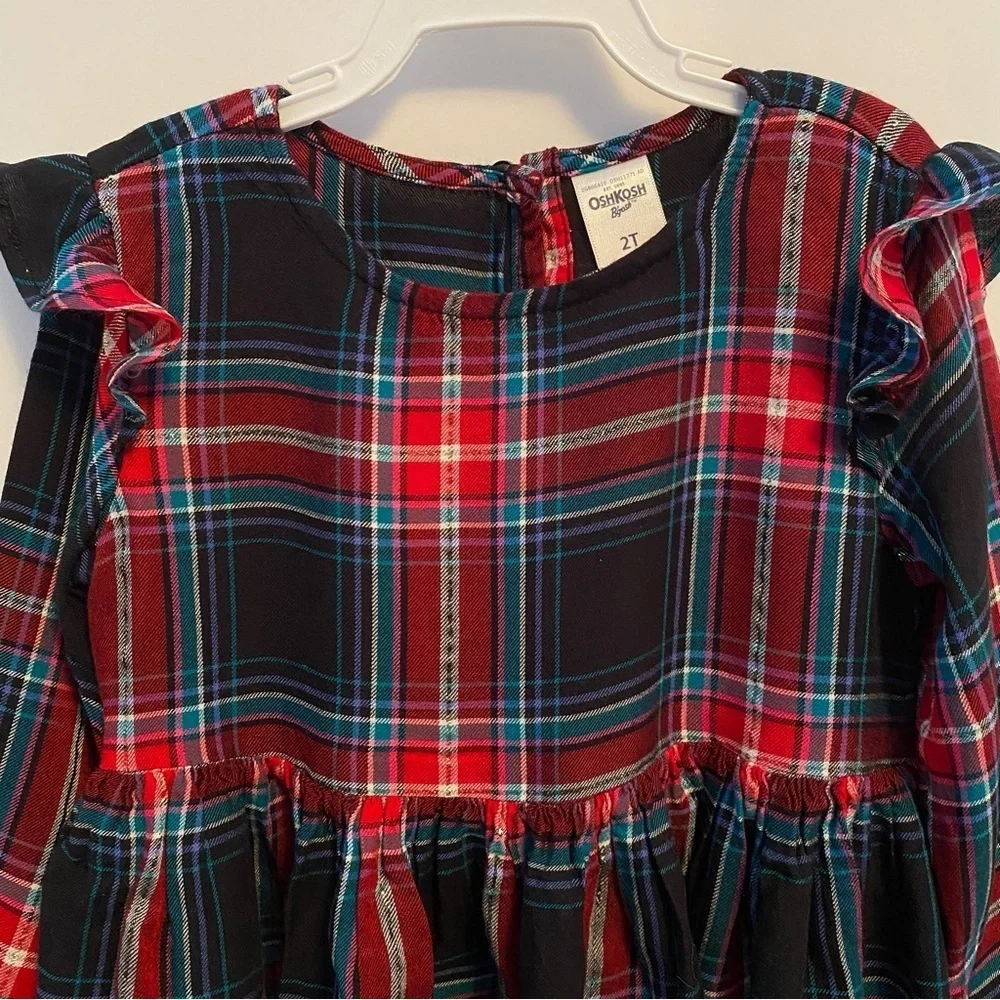 OshKosh B'gosh Toddler Girls Plaid Long Sleeve Shoulder Ruffle Dress Size 2T